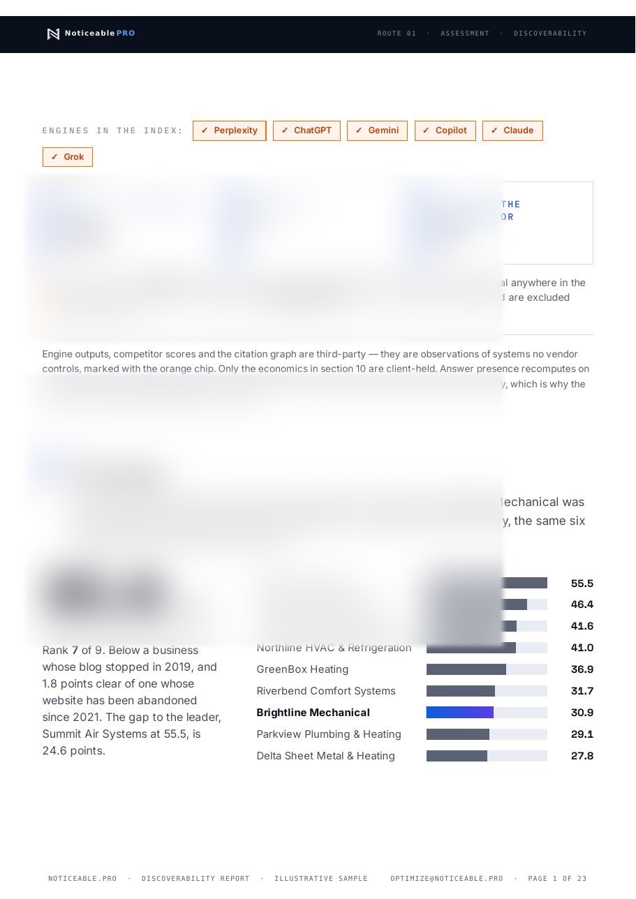 Redacted Discoverability Report page showing its scorecard and competitive analysis layout